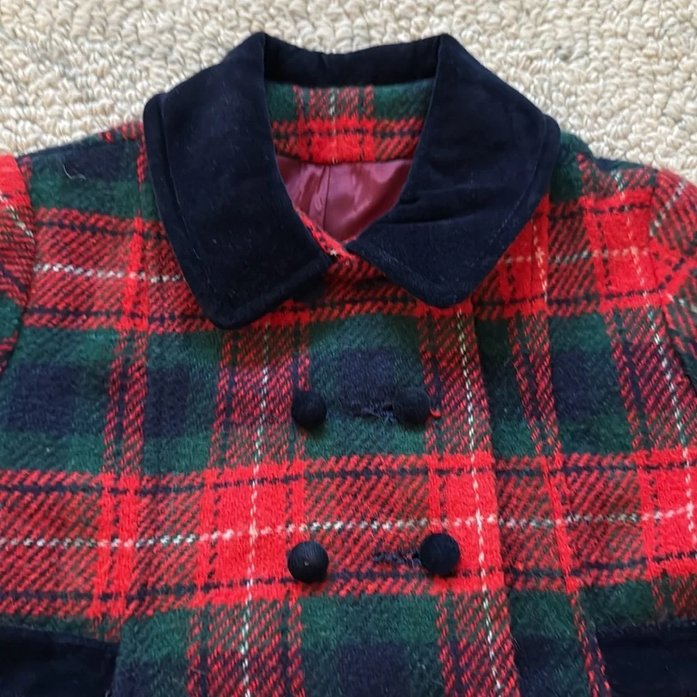 Girls Red & Green Plaid Peacoat with Matching Hat
